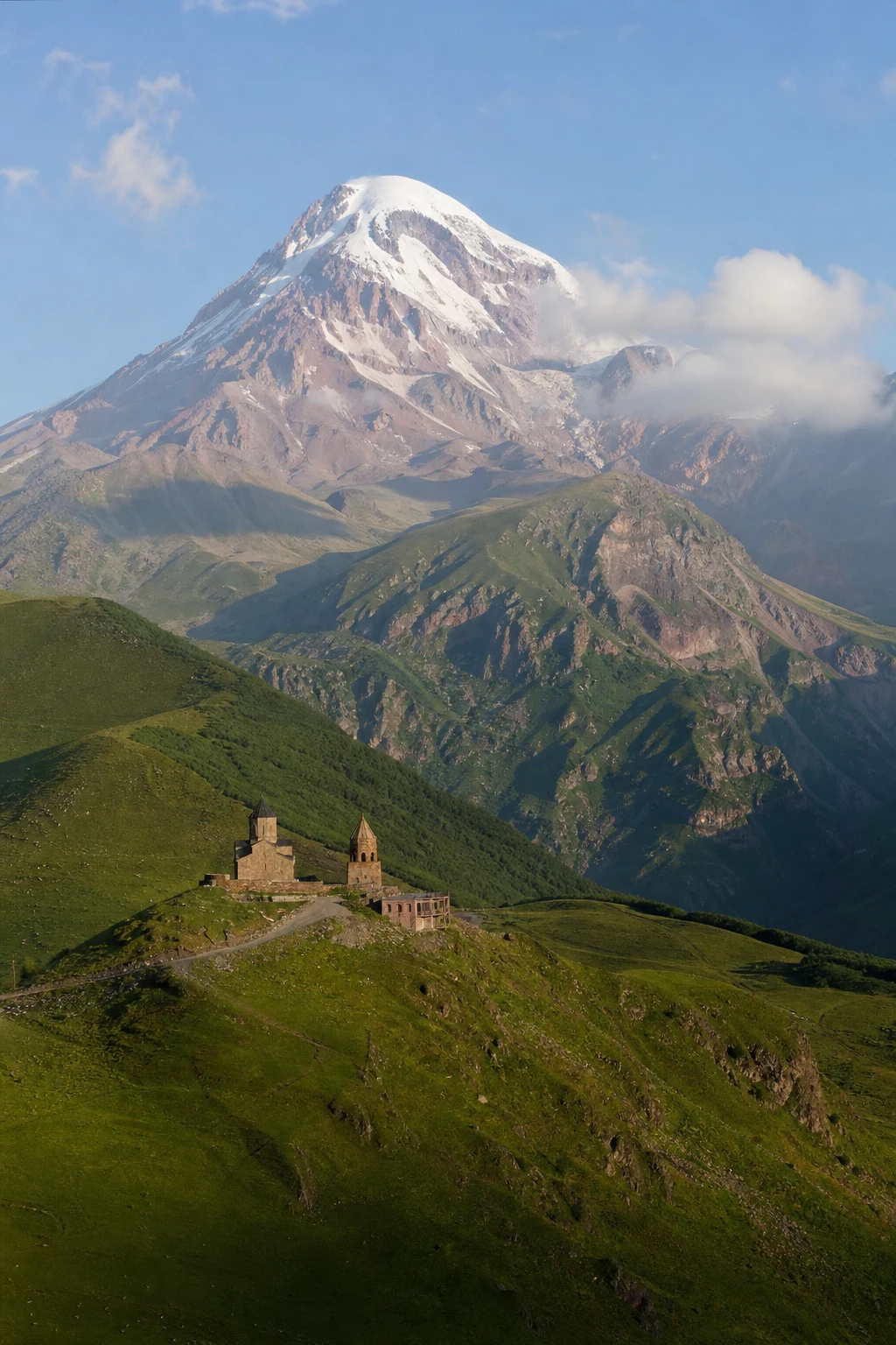 Kościół Cminda Sameba i góra Kazbek w Gruzji