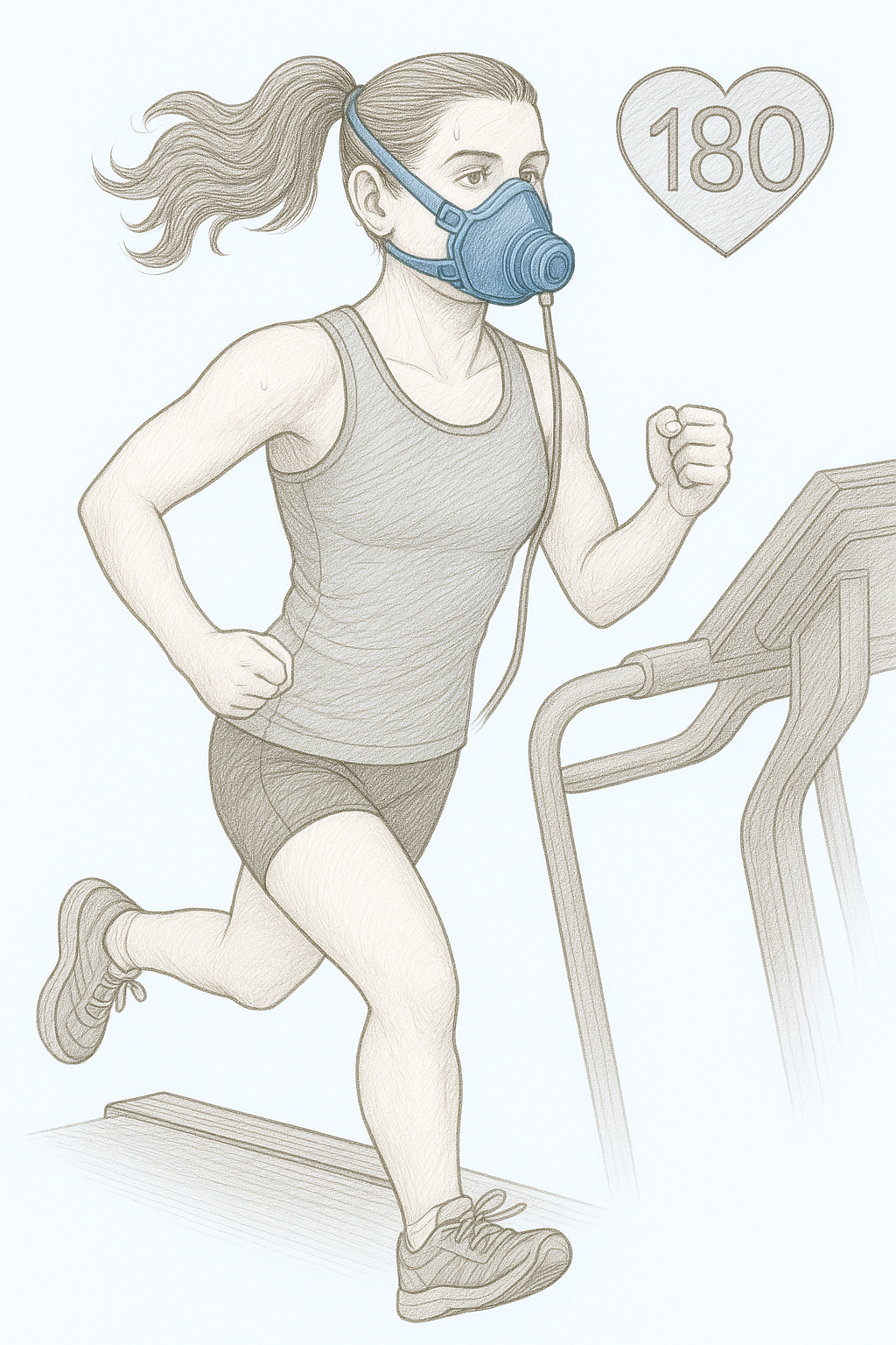 ქალი სარბენ ბილიკზე VO2max ტესტირების ნიღბით
